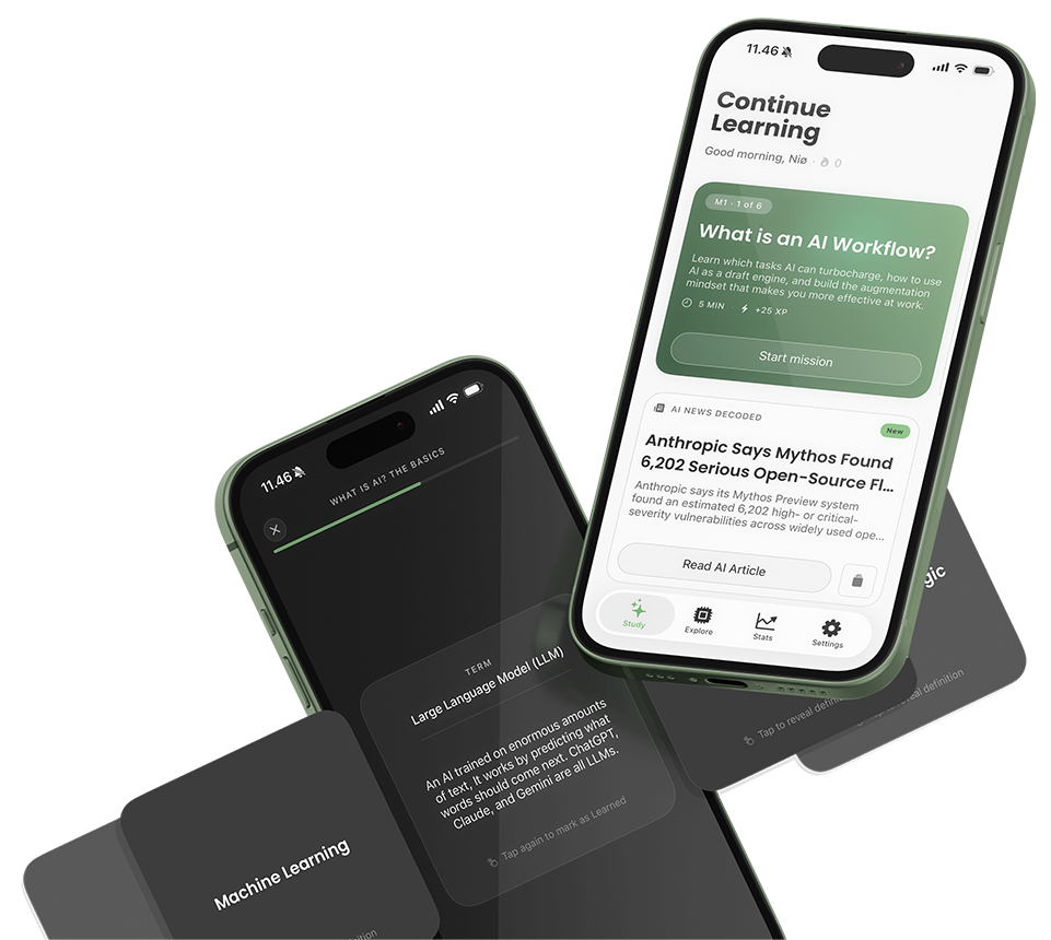 mainiø lesson, home screen, and AI term flashcards on iPhone