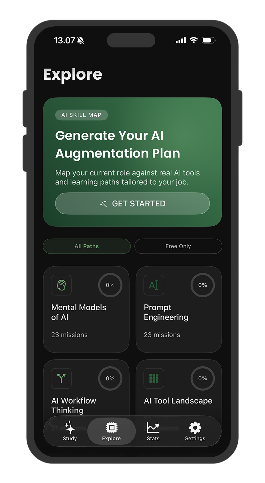 mainiø explore screen with AI Skill Map and learning paths