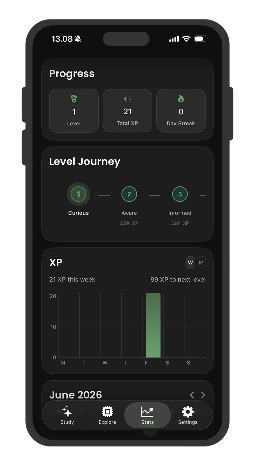 mainiø progress screen showing levels, XP, and streaks