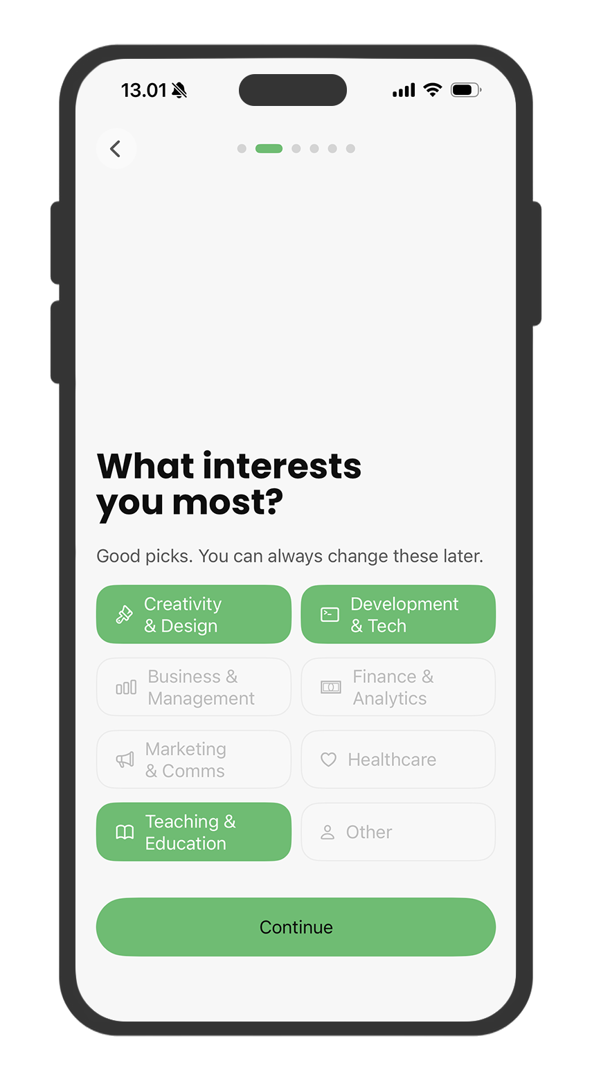 mainiø onboarding screen for choosing interests